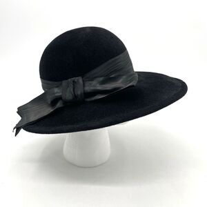 Betmar Neiman Marcus Wide Brim Hat Black Velvet Ribbon Bow Vintage Union Made